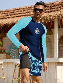 Manfinity Swimmode 2pcs Men's Casual Coconut Tree Print Contrast Color Raglan Sleeve Top And Swim Trunks Set, Autumn - Multicolor - View 3