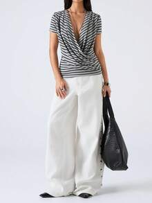 LYSMO 女士条纹深V领性感短袖背心 - 灰色 - 查看 6