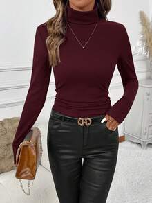 SHEIN Clasi Women's Turtleneck Fitted Ruched Thermal Long Sleeve T-Shirt - Burgundy - View 5