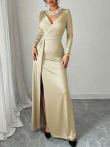 Vestido Maxi de Satén Elegante con Cuello en V Profundo, Cintura Drapeada y Abertura Alta - Ideal para Gala, Bodas y Graduaciones - Champán - Ver 5