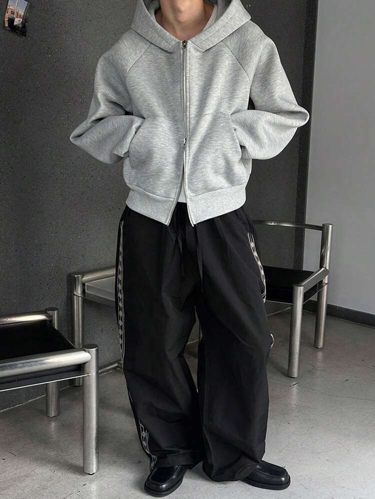 Men's Pants With Side Seam, Geometric Embroidery Pattern, Elastic Waist, Suitable For Spring And Autumn
