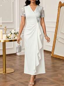 SHEIN Lady 女士优雅V领长款派对连衣裙 - 白色 - 查看 5