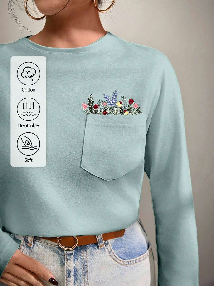 EURMUSE 花朵刺绣T恤，圆领，口袋细节