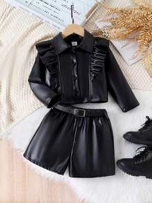 SHEIN Young Girl Ruffle Trim PU Jacket & Shorts - Black - View 1