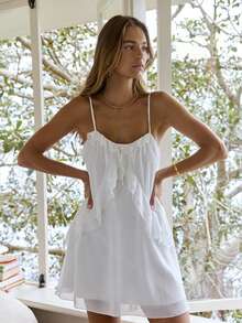 Aralina Women's Solid Color Ruffle Trim Sexy Spaghetti Strap Mini Dress, Vacation - White - View 4