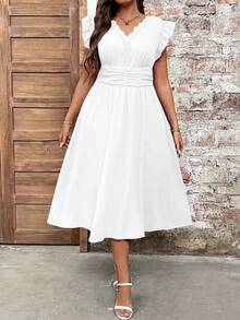 SHEIN Clasi Plus Size White Casual Midi Dress With V Neck And Flared Flounce Cap Sleeves - White - View 3