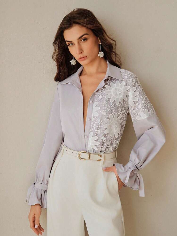 Women's New Long Sleeve Blue Lace Applique Pleated Elegant Blouse, Professional Commuter Top Shirts For Women Elegant Elegant Blouses Lace Shirts