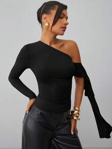 Hauture Top de mujer de unicolor con cuello asimétrico y lazo, adecuado para ir al trabajo - Negro - Ver 6