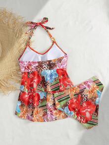 Swim Lushoire Women's Beach Spring/Summer Music Festival Flower Printed Ruffle Hem Halter Metal Jewelry Mature Fashion Women's Swimming Skirt Set - Multicolor - View 3