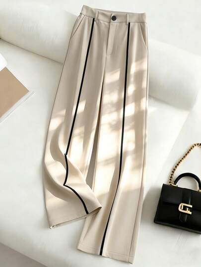 Franclia 女士杏色高腰休闲直筒裤，春秋季正装裤，优雅长裤，浪漫约会长裤，日常通勤长裤，时尚长裤，休闲百搭长裤