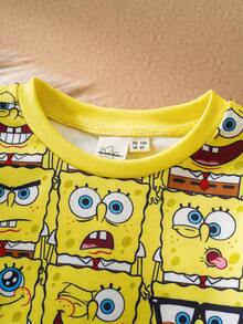 SpongeBob SquarePants | SHEIN Conjunto de pijama de pantalón y top de manga larga con estampado de dibujos animados para niño, otoño/primavera - Amarillo - Ver 5