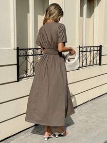 Siren Gaze 女士休闲纯色收腰夏季连衣裙 - 軍綠色 - 查看 6