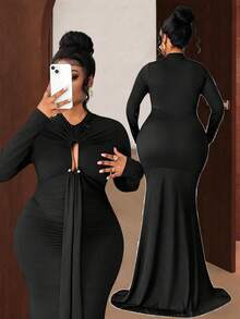 Maweii Sexy Kleid in Große Größen für Damen mit langen Ärmeln, transparentem Mesh, Metallbügel und tiefem Ausschnitt, geeignet für Party, Geburtstag, Urlaub, Büro und Alltagstragen - Schwarz - Übersicht 1