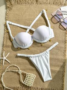 Swim Vcay Women's Solid Color Braided Two-Piece Set - Beige - View 4