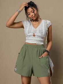 Freevana Quần short ống rộng thêu hoa dáng rộng, cỡ lớn, thích hợp mặc mùa hè. - Màu xanh Bạc hà - Xem 7