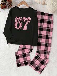 SHEIN Explorewe 1set Teen Girls Pajamas, 67 Number & Bow Print Knit Long Sleeve Top Paired With Plaid Print Pants, 2pcs Loungewear Set - Black - View 6