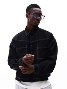 SUMWON 宽松长袖纽扣衬衫，撞色缝线，胸前口袋，适合日常休闲穿着，纯色 - 黑色 - 查看 3