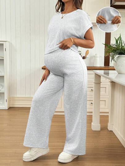 SHEIN 2pcs/Set Solid Color T-Shirt And Adjustable Waist Wide Leg Pants Maternity Outfit Wide Leg Pants Set Two Piece Set Women Comfy Two Piece Lounge Set Grey 2 Piece Set Comfortable Two Piece Set