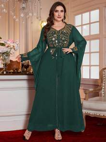 Al Najma 加大码新款花卉刺绣优雅奢华女士睡袍 - 墨綠色 - 查看 1