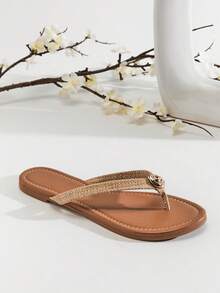 SHUZIA Women's Seashell T-Strap Round Toe Flip Flops Thong Pool Sandals - Beige - View 5