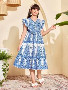 少女休闲印花荷叶边连衣裙，夏季 - 藍色 - 查看 4