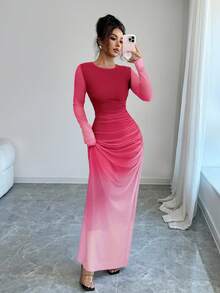 Rafferiza Đầm ôm sát dài tay bằng vải lưới xuyên thấu, kiểu ombre, xếp ly, thích hợp mặc hàng ngày đi biển, ở nhà, công sở. - Đỏ - Xem 4