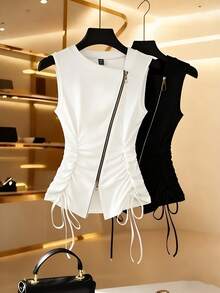 Franclia 女士白色时尚腰部收褶系带拉链装饰松紧侧腰收褶系带女士背心，适合冬季、新年、跨年夜、派对、海滩、优雅、休闲、浪漫、情人节、约会、夏季、2026夏季女士沙滩比基尼、夏季上衣、毕业季服装、时尚休闲通勤装、商务办公装、百搭时尚日常休闲装、都市教师职业装。 - 白色 - 查看 1