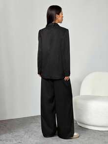 SHEIN PETITE Bộ vest quần dài tay rộng rãi họa tiết màu đen tối giản dành cho nữ trẻ, trang phục công sở thường ngày cơ bản - màu đen - Xem 2