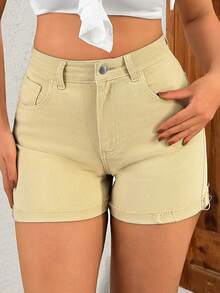 EURMUSE Women's Summer Casual Solid Color High Waist Slant Pocket Skinny Denim Shorts - Beige - View 1