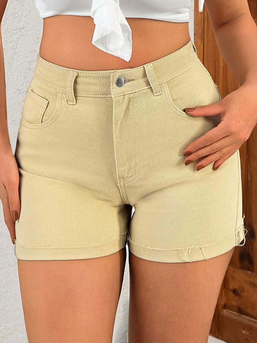 EURMUSE Women's Summer Casual Solid Color High Waist Slant Pocket Skinny Denim Shorts - Beige - View 1