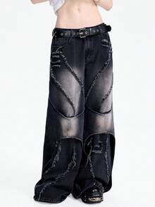 Breakform Women's Casual Loose Fit Pockets Button Frayed Hem Denim Wide Leg Pants, Suitable For Commuting And Street Style