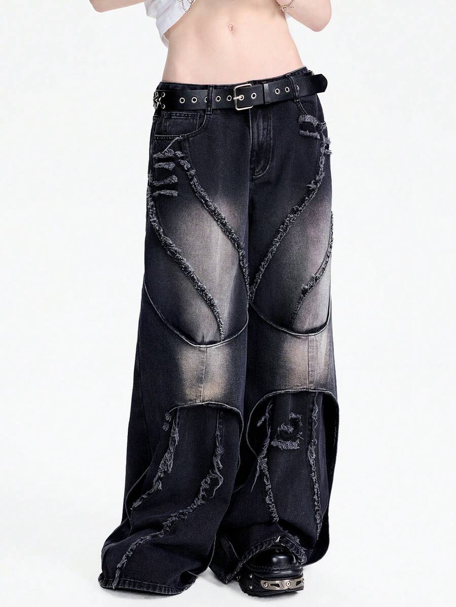 Breakform Women's Casual Loose Fit Pockets Button Frayed Hem Denim Wide Leg Pants, Suitable For Commuting And Street Style