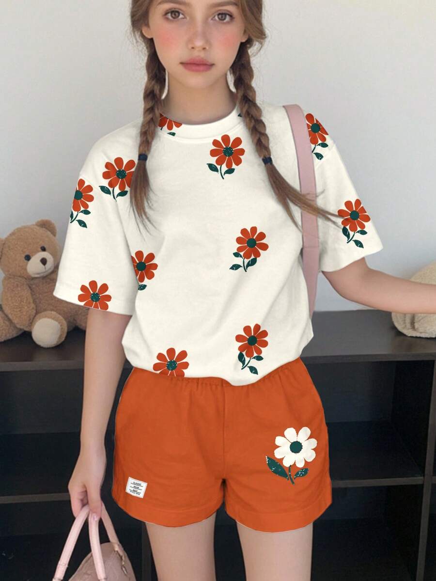2pcs/Set Tween Girls Casual Floral Print Short Sleeve T-Shirt And Shorts Set, Loose And Comfortable, Suitable For Spring/Summer - Multicolor - View 1