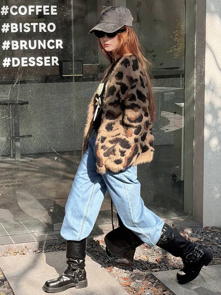 Teen Girl Casual Leopard Print Cardigan With Pockets, Autumn/Winter