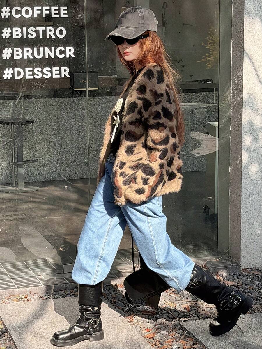DAZY 少女休闲豹纹开衫，带口袋，秋冬季 - 棕色 - 查看 1