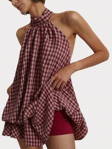 Poéselle Women's Summer Fashion Plaid Ruffle Hem Halter Backless Mini Dress Checkered Dress Backless Sundress Backless Summer Dress Picnic Dresses - Burgundy - View 8