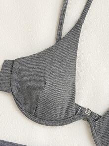 Swim Basics 3pcs Set: Solid Color Underwire Bikini Top, Tie-Front Skirt Bottom - Dark Grey - View 3