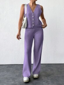 EURMUSE 2pcs Knitted Solid V-Neck Button Front Vest And Pants Sweater Set - Lilac Purple - View 3