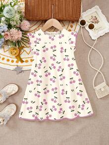 Rochie scurtă cu imprimeu de cireșe, model casual drăguț pentru băieți, cu imprimeu mini și volane, potrivită pentru vară, vacanțe relaxante, weekenduri la plajă, ținute drăguțe de vară, articole de vară pentru copii, stil coreean, mod de plajă activat, articole pentru ieșiri de vară