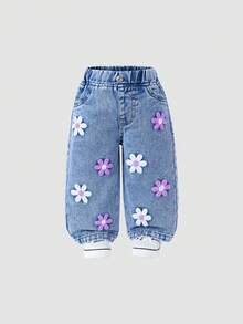 Baby Girl Fashionable Snowflower Washed Floral Flocked Denim Pants - Blue - View 3