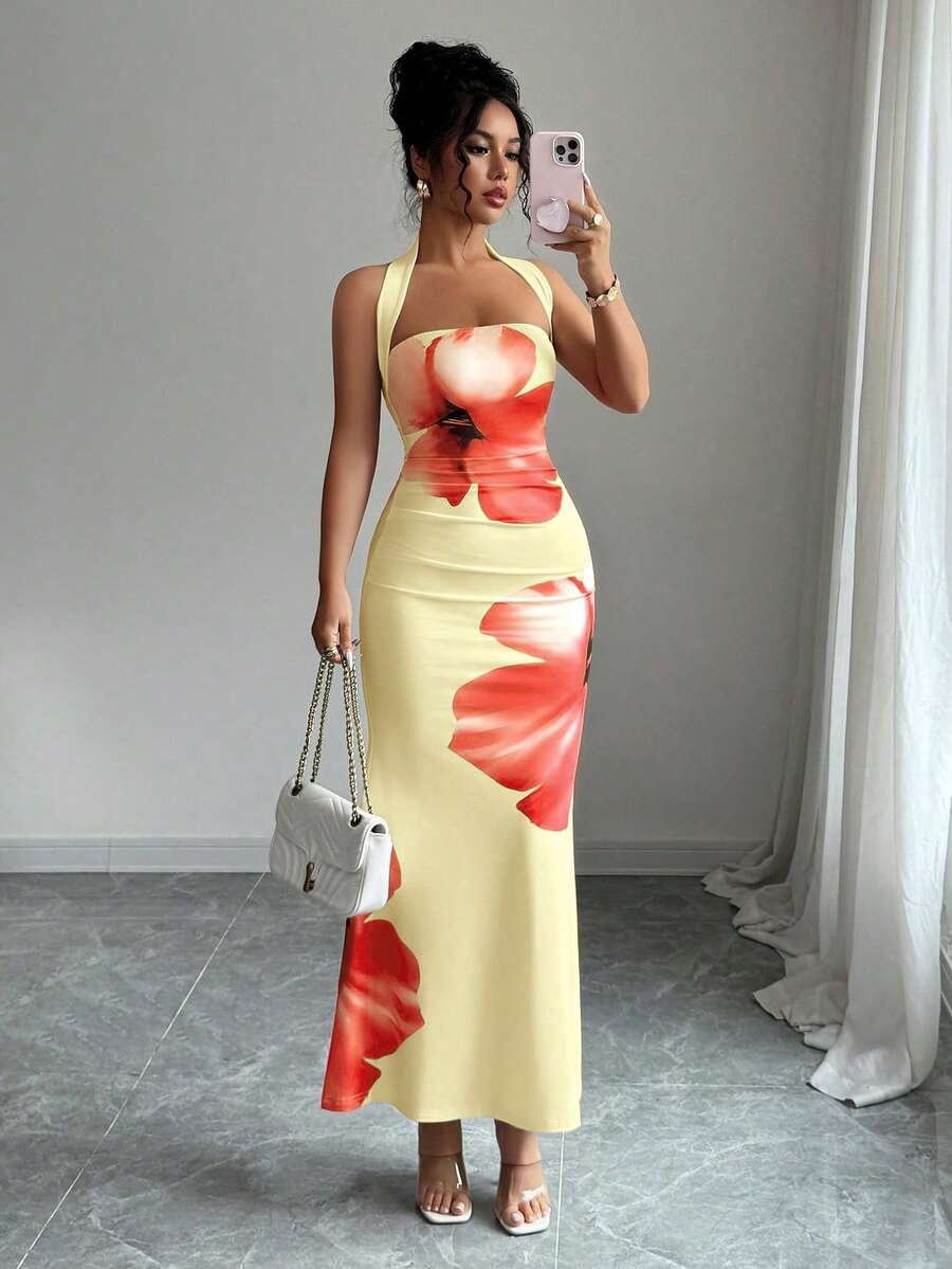SHEIN PETITE 2025夏季女士露背系带修身印花中长连衣裙 - 淡黃色 - 查看 1