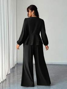 SHEIN Elenzya 大码女士优雅正式西装外套衬衫阔腿裤两件套，适合工作和日常穿着，秋冬季 - 黑色 - 查看 2