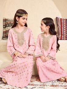 SHEIN رمضان Tween Girls' Casual Graphic Long Sleeve جلابيه  Dress الملابس التقليدية العربية