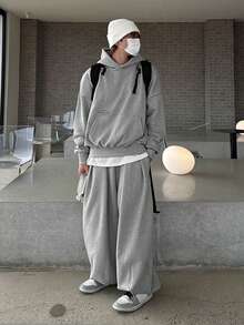 DAZY Men's Thermal Lined Gray Utility Pocket Design Hoodie Set, Autumn/Winter - Grey - View 6