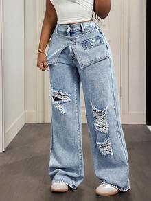 Slaydiva Plus Size Women Distressed Wide Leg Loose Casual Jeans - Light Wash - View 4