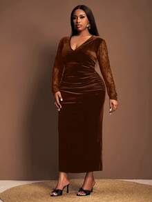 Veslaya Plus Size Women Contrast Lace V-Neck Ruched Fitted Elegant Dress, Long Sleeve - Brown - View 8