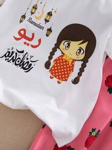 2pcs/Set Girls Casual Versatile Short Sleeve Round Neck Printed T-Shirt + Printed Floral Suspender Shorts, Cute & Fashionable Outfit - Multicolor - View 6