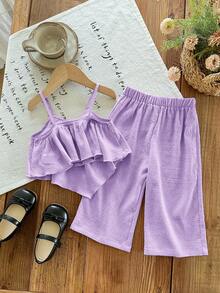 SHEIN LMoss Kids 2件套女婴纯色无袖背心和宽松休闲裤套装 - 紫色 - 查看 2