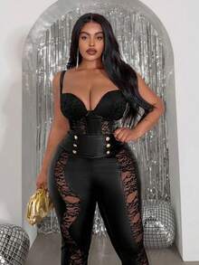 Slaydiva Quần skinny cạp cao màu đen phối lưới và giả da thanh lịch và gợi cảm dành cho nữ cỡ lớn, thích hợp cho mùa Thu/Đông. - màu đen - Xem 5