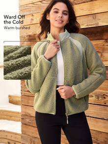 OutZeal 女士保暖抓绒立领侧袋户外抓绒衫，适合冬季秋季徒步露营 - 綠色 - 查看 2